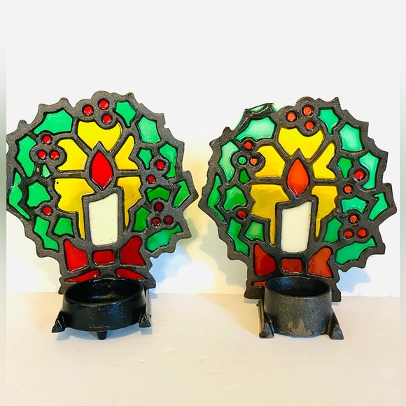 Vtg Candle Holder Cast Iron metal Stained Glass Wreath Holiday Christmas Taiwan - Picture 4 of 7